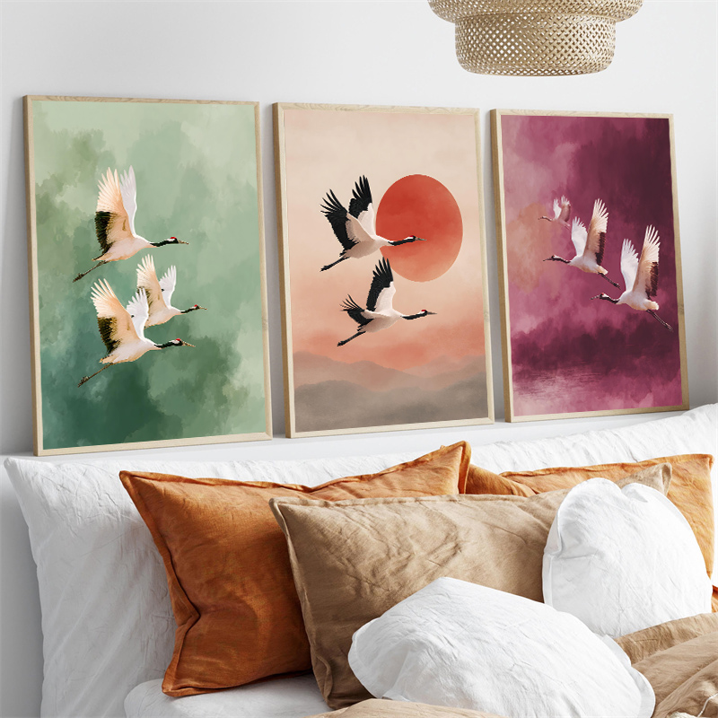 Japanese Lifestyle Home - Poster Seni Matahari Bunga Burung Terbang