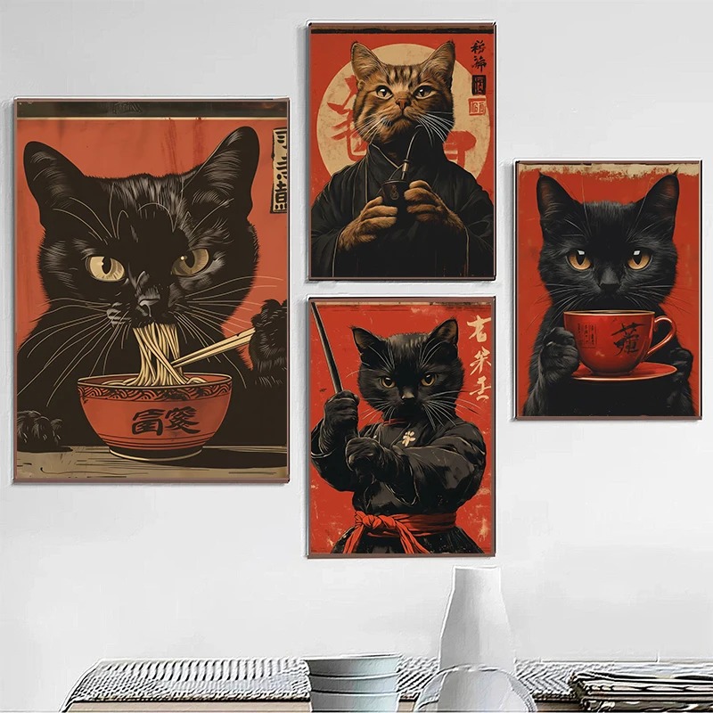 Japanese Lifestyle Home - Poster Minum Teh Mie Makan Kucing